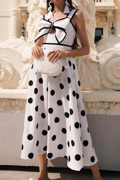 Polka Dot Bow One Piece Swimsuit With Skirt