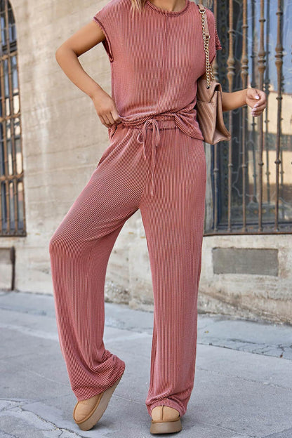 Ribbed T-shirt Wide Leg Long Pants Set