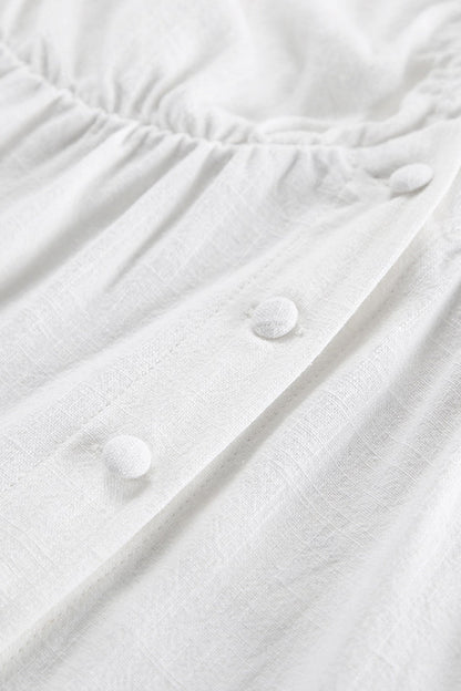Ruched V Neck Button-down Linen Dress