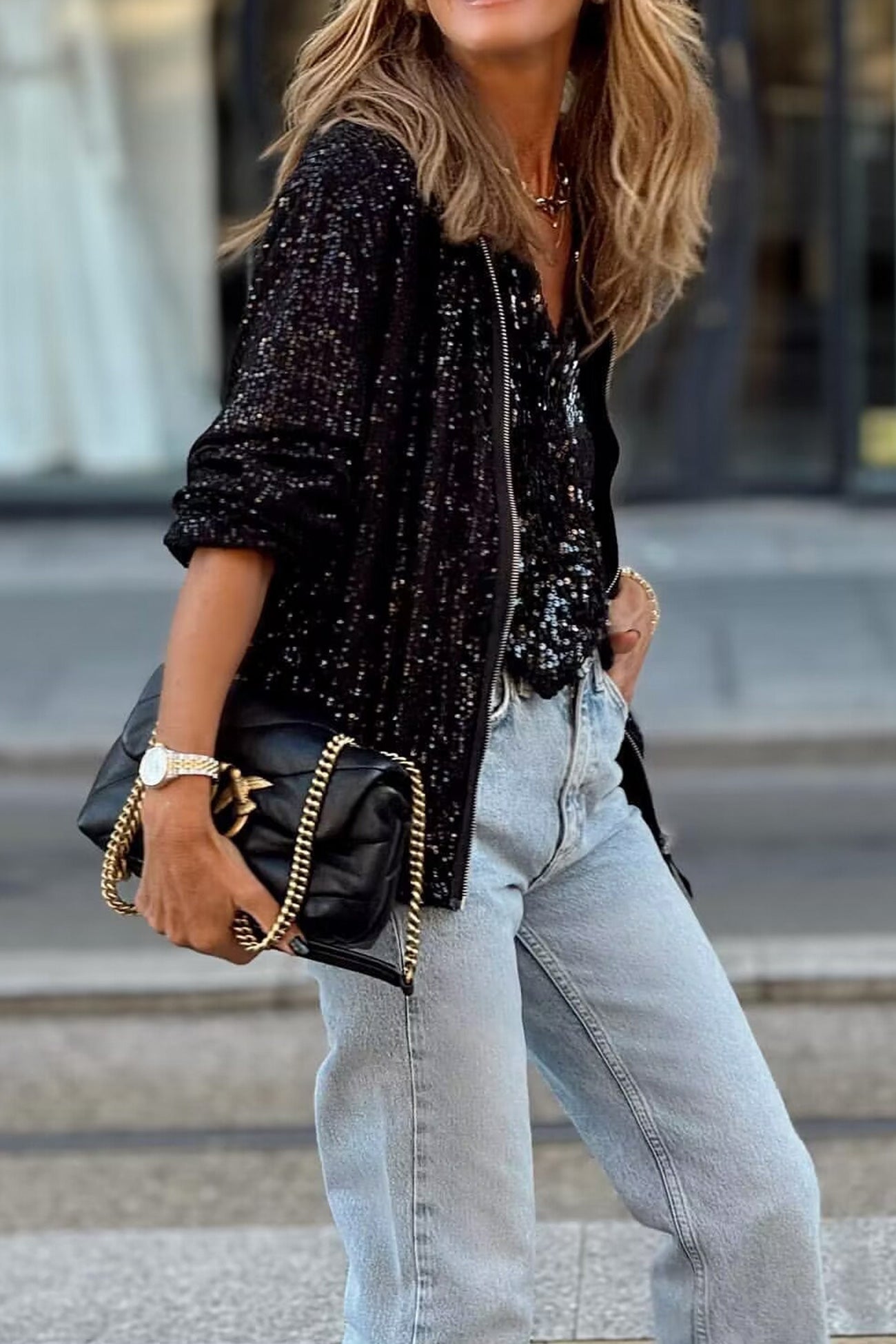 Sequin Long Sleeve Zip-up Coats