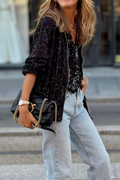 Sequin Long Sleeve Zip-up Coats