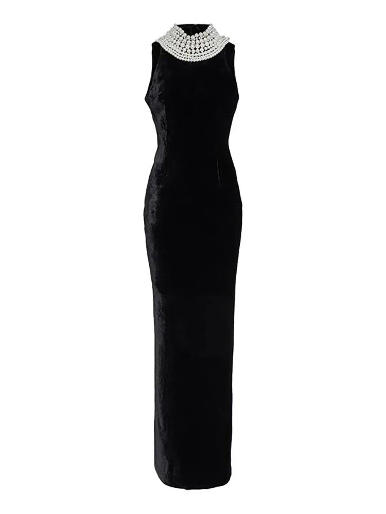 Sexy Black Velvet Halter Neck Pearl Chain Long Dress Maxi Party Dress