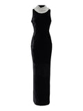 Sexy Black Velvet Halter Neck Pearl Chain Long Dress Maxi Party Dress