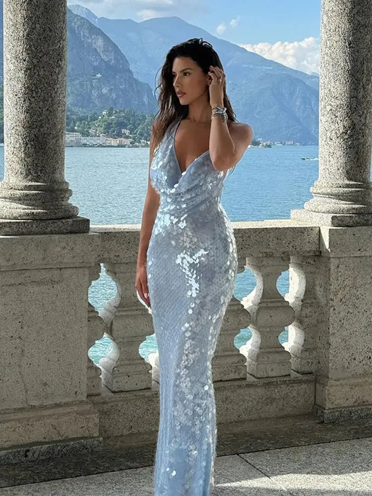Sexy Glitter Sequinned Women's Backless Maxi Chic Halter Party Dress