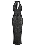 Sexy Halter Neck Lace-up Sparkly Sequins Silver Black Backless Party Dress
