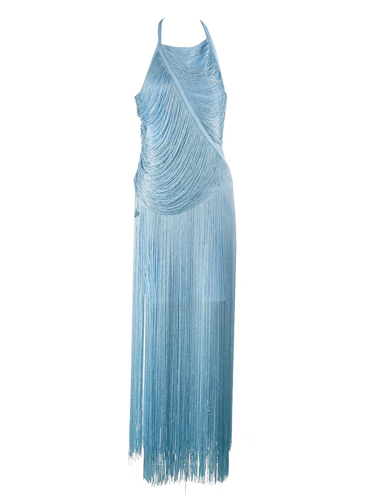 Sexy Halter Sleeveless Tassel Patchwork Bandage Dress Backless Fringe Party Dress