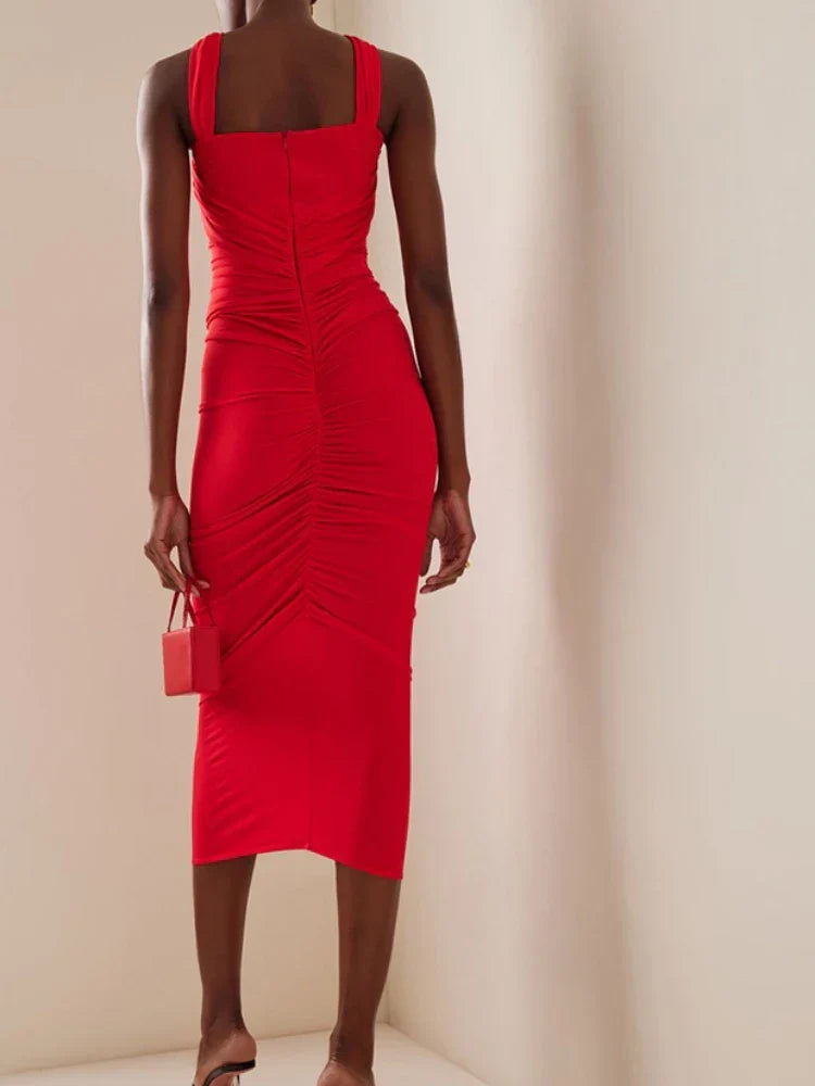 Sexy Sleeveless Flower Design Bodycon Midi Dress Cross Sling Cut Out Party Dress