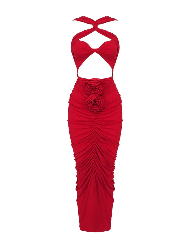 Sexy Sleeveless Flower Design Bodycon Midi Dress Cross Sling Cut Out Party Dress