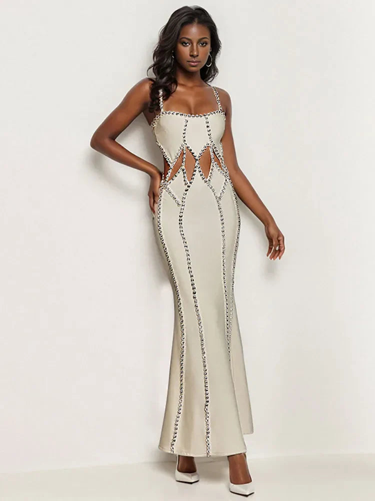 Sexy Spaghetti Strap Hollow Out Crystal Bandage Dress Sleeveless Party Dress