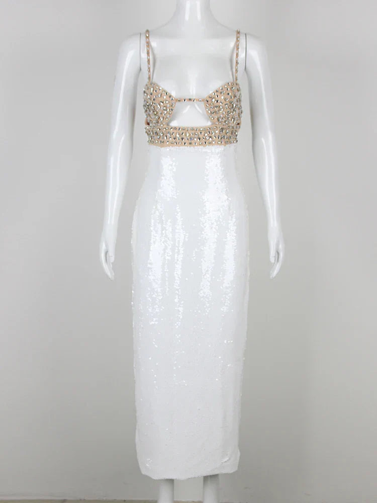 Sexy Spaghetti Strap Luxury Diamond Sequin Dress White Backless Midi Party Dress