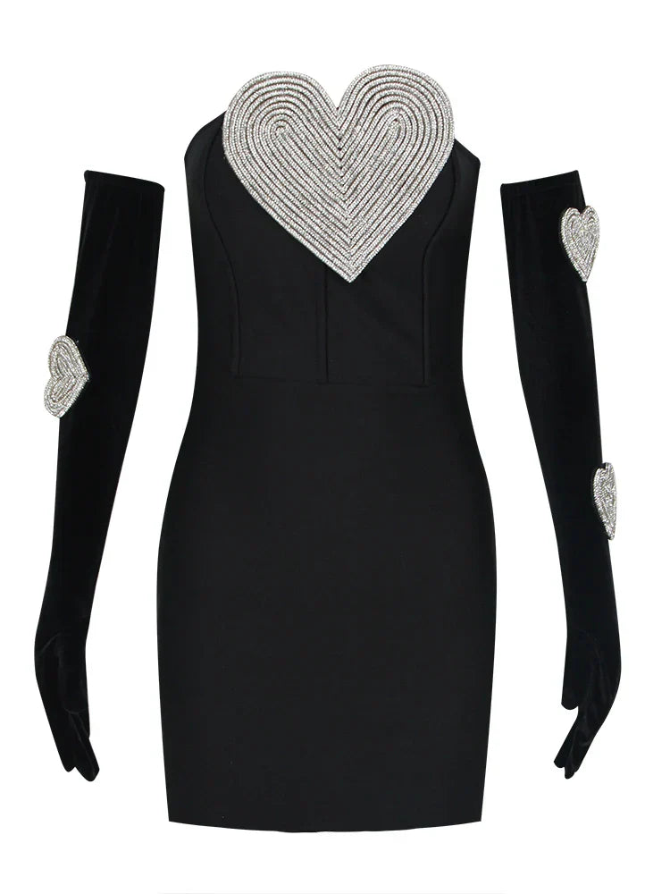Sexy Strapless Heart Diamonds Bandage Gloves Black Backless Bodycon Party Dress