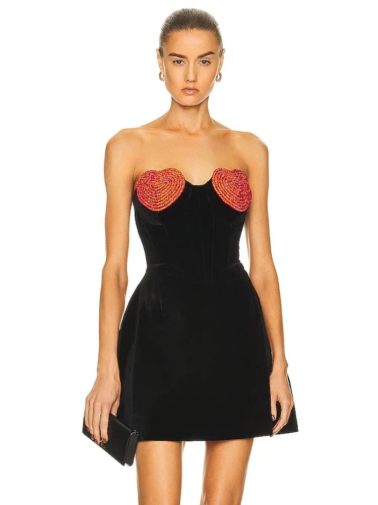Sexy Strapless Heart Shape Crystal Design Mini Dress Velvet A-Line Party Dress