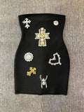 Sexy Strapless Luxury Diamonds Bandage Black Sleeveless Beaded Mini Evening Party Dress