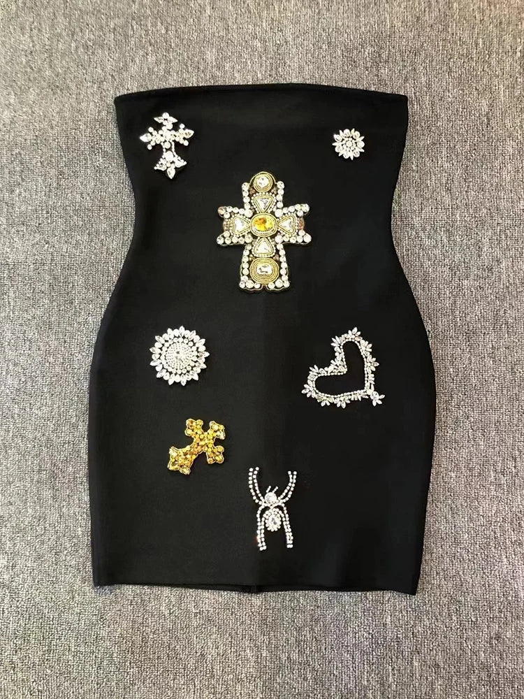 Sexy Strapless Luxury Diamonds Bandage Black Sleeveless Beaded Mini Evening Party Dress