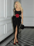 Sexy Straps 3D Flower Shiny Sequins Folds Long Cutout Slim Party Dress