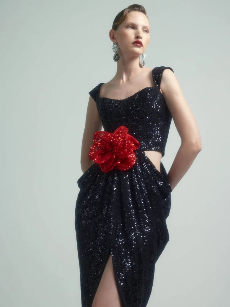 Sexy Straps 3D Flower Shiny Sequins Folds Long Cutout Slim Party Dress