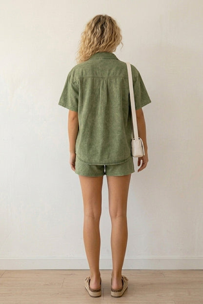 Short Sleeve Denim Shirt Shorts Set