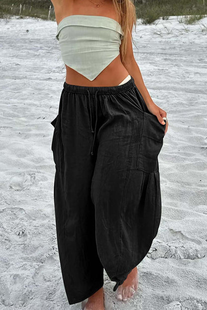Solid Color Drawstring Pocket Wide Leg Pants
