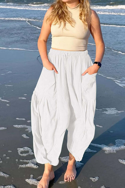 Solid Color Drawstring Pocket Wide Leg Pants