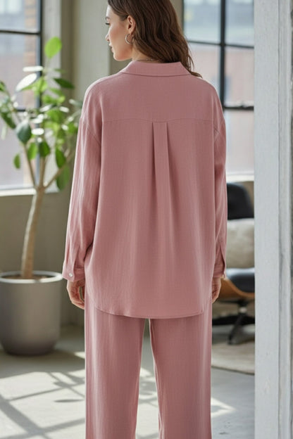 Solid Color High-waisted Linen Cotton Shirt Set