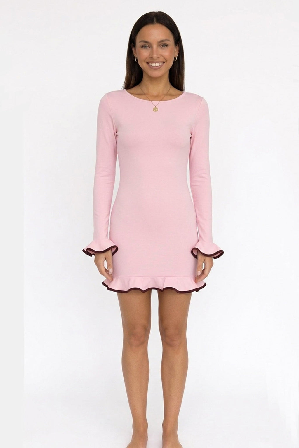Solid Color Long Sleeve Ruffled Bodycon Dress