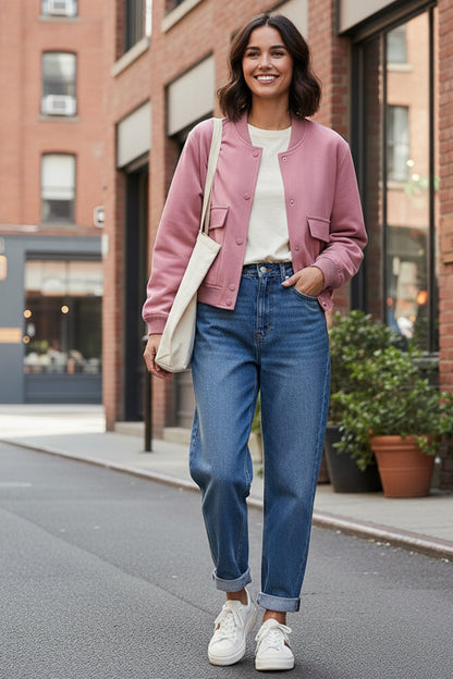 Solid Color Pocket Stand Collar Jacket