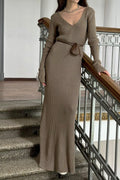 Solid Color V Neck Knitted Bodycon Maxi Dress