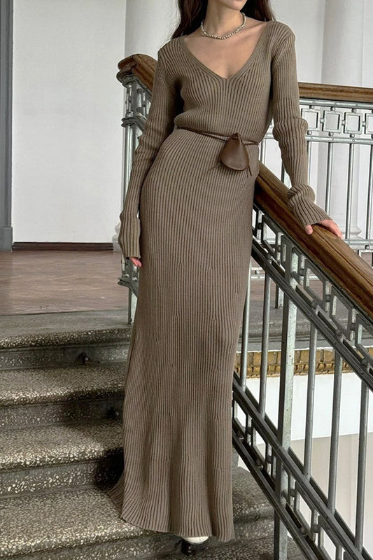 Solid Color V Neck Knitted Bodycon Maxi Dress