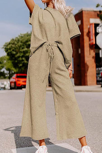 Solid Textured T-shirt Long Pants Set