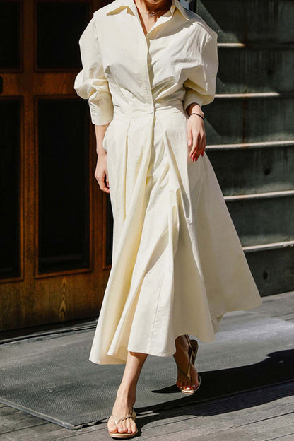 Cotton Long Sleeve A-Line Shirt Midi Dress