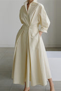 Cotton Long Sleeve A-Line Shirt Midi Dress