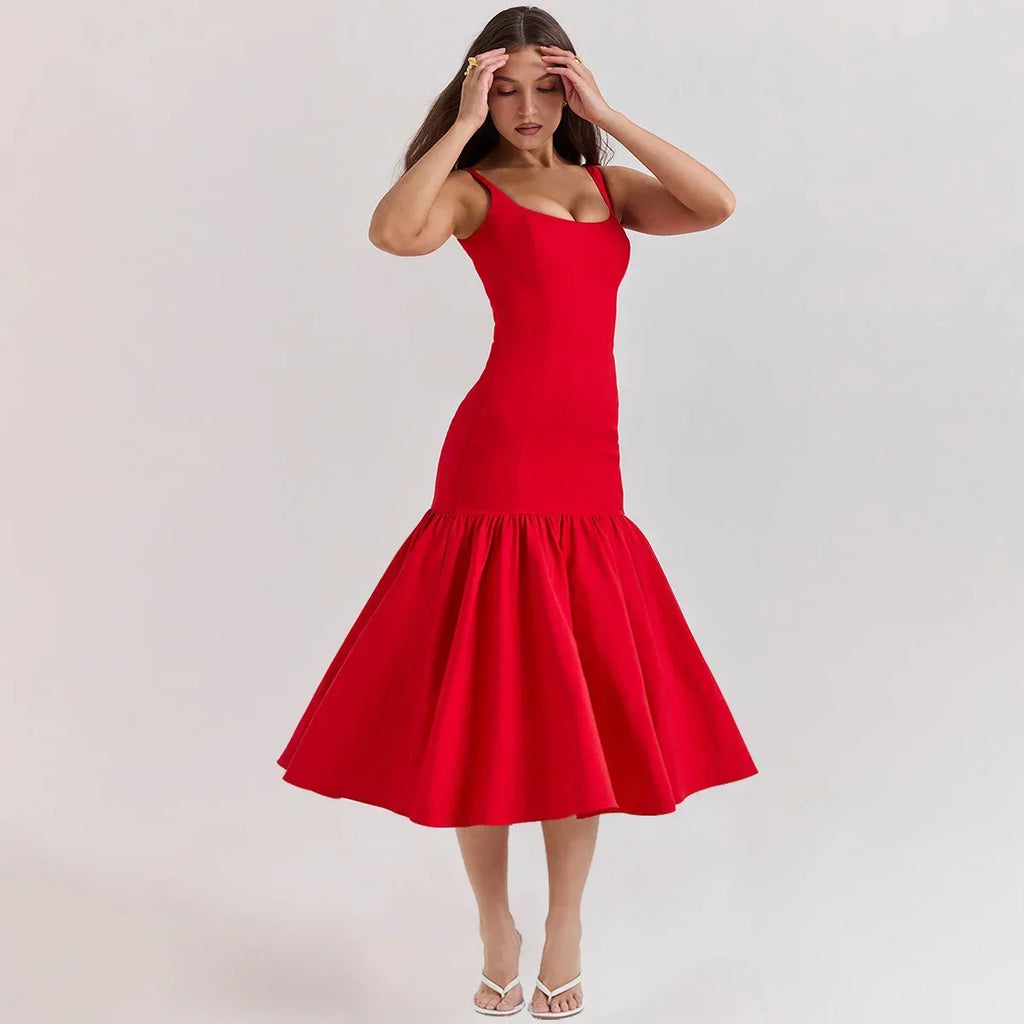 Elegant Red Spaghetti Strap Midi Holiday Dress Casual Birthday Party Dresses Party Dress