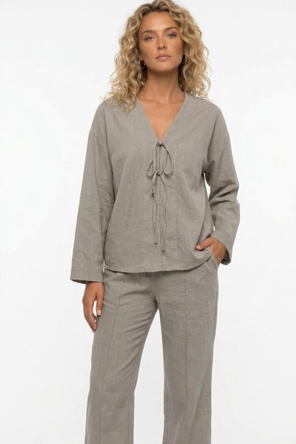Tie-front Long Sleeve Shirt Cotton Suits