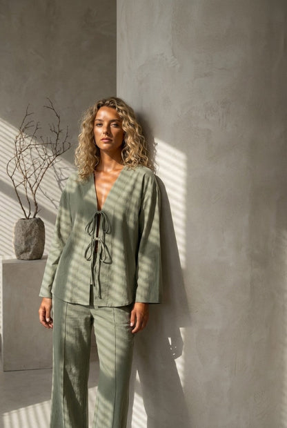 Tie-front Long Sleeve Shirt Cotton Suits