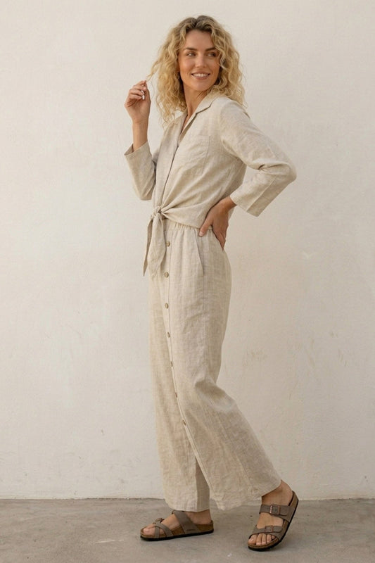 Tie-up Shirt Single-breasted Long Pants Set
