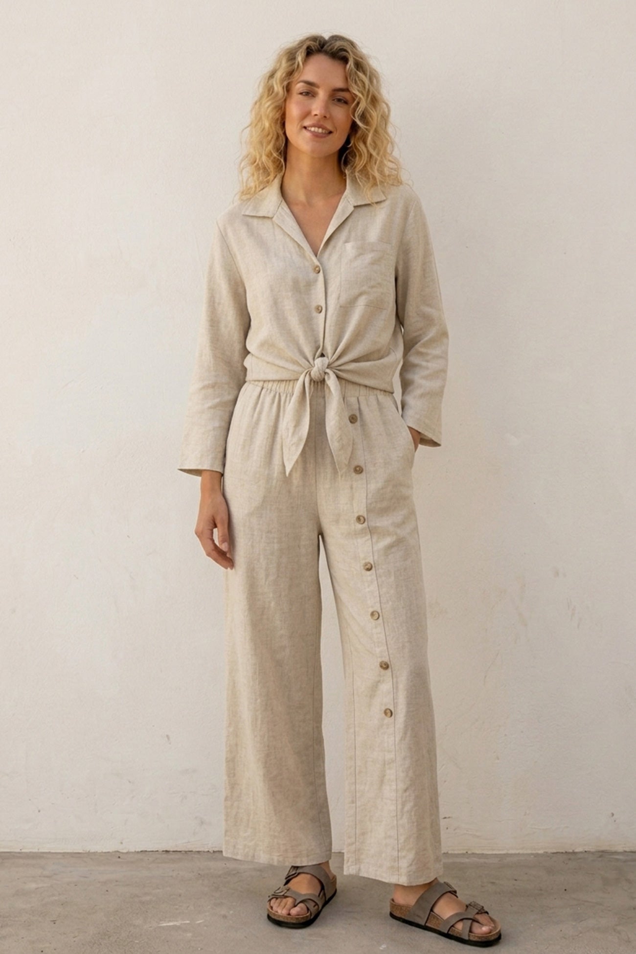 Tie-up Shirt Single-breasted Long Pants Set