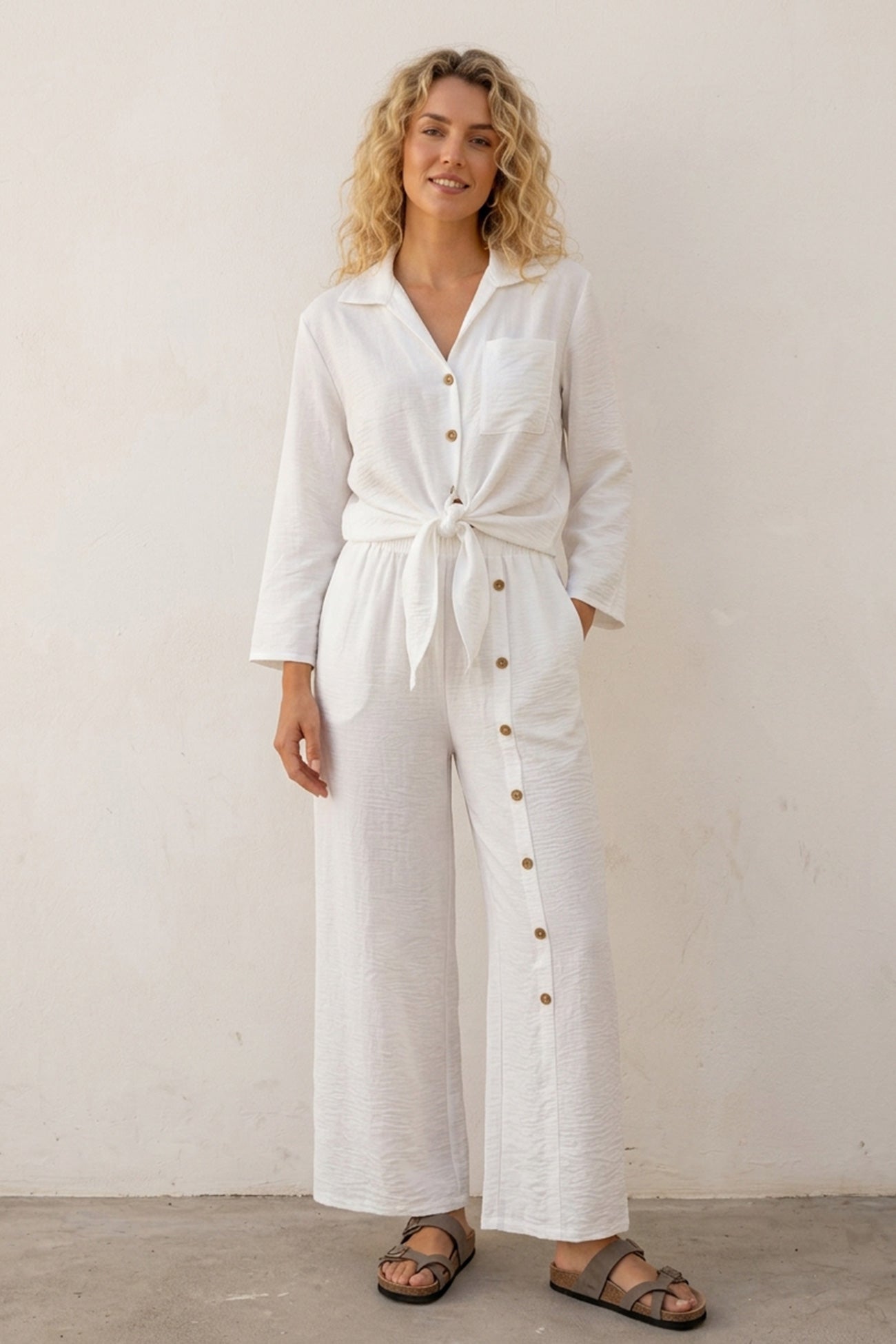 Tie-up Shirt Single-breasted Long Pants Set