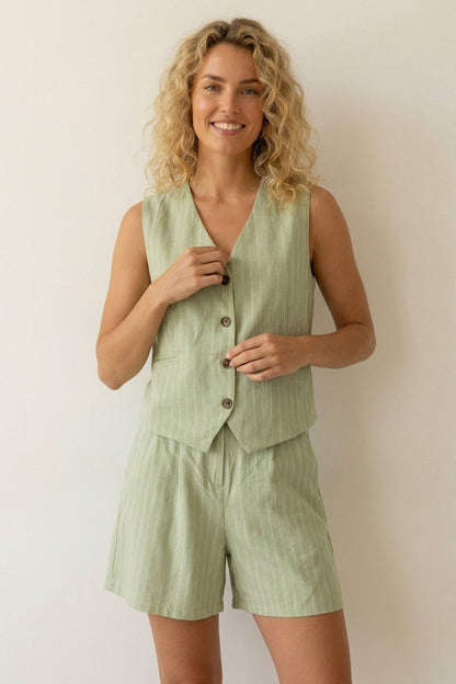 V Neck Button Front Vest Shorts Set