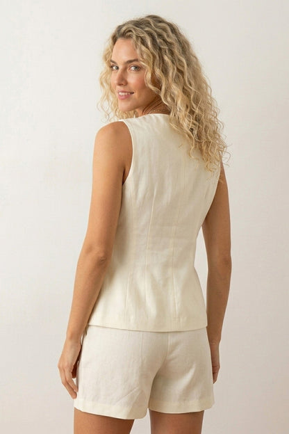 V Neck Button-up Cotton Linen Vest Shorts Set