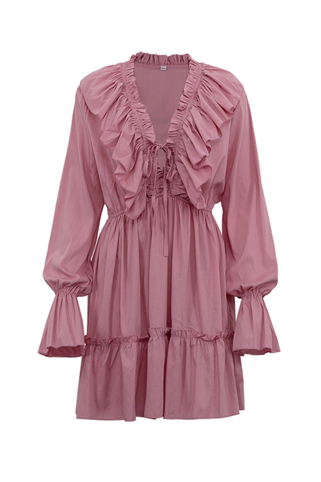 V Neck Pleated Trumpet Sleeve Ruffle Dress
