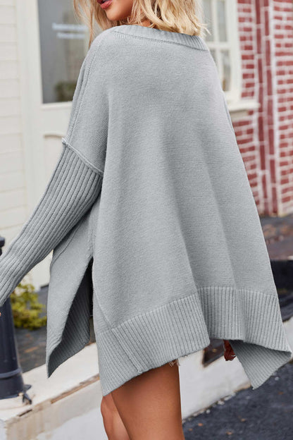 V Neck Side Slit Loose Pullover Sweater
