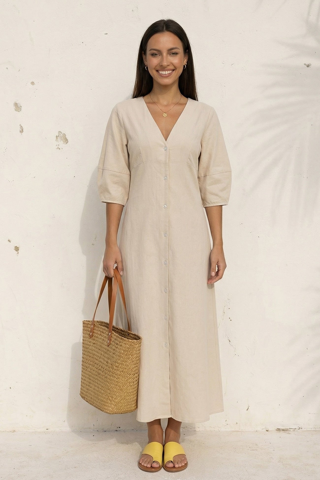 V Neck Single-breasted Cotton Linen A-line Dress