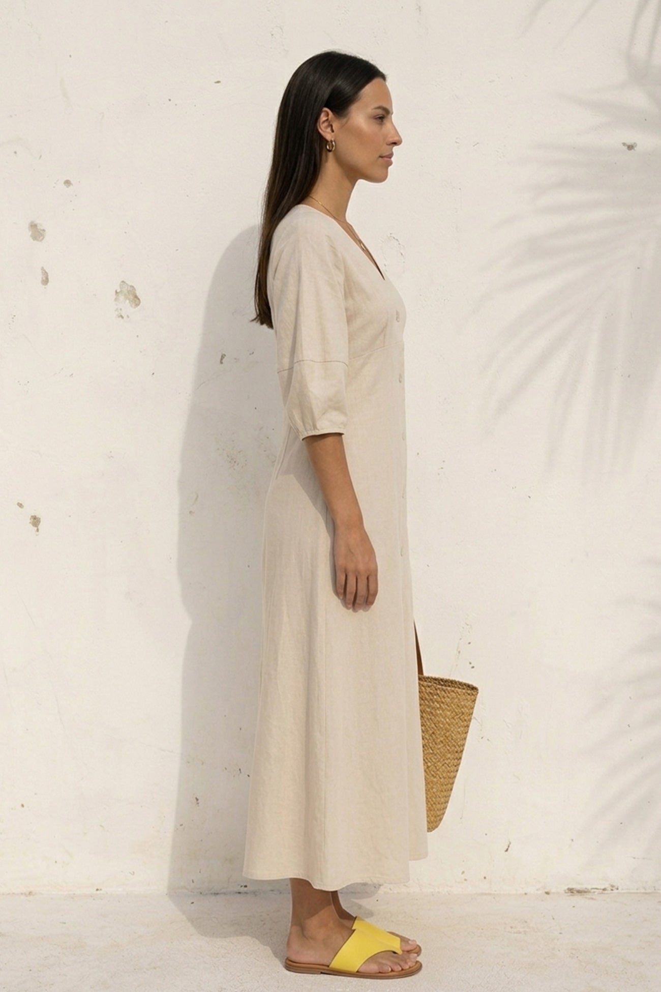 V Neck Single-breasted Cotton Linen A-line Dress