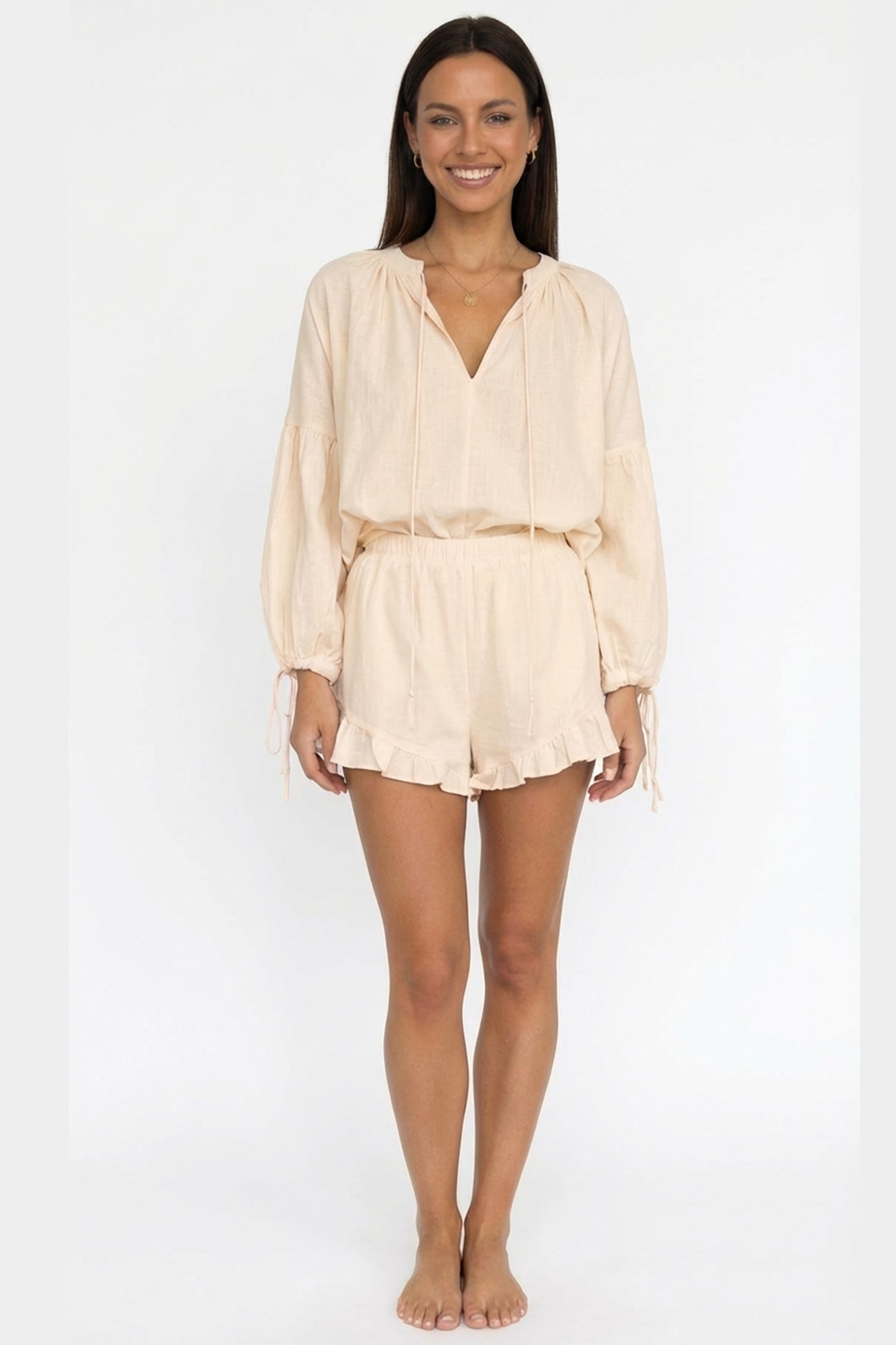 V-neck Lantern Sleeve Cotton Shirt Set