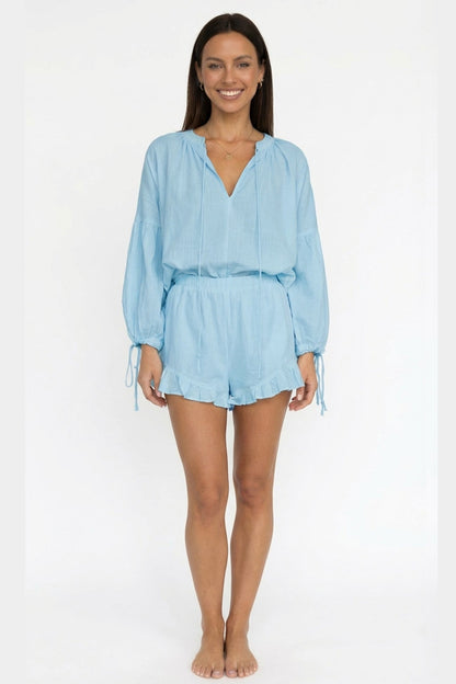V-neck Lantern Sleeve Cotton Shirt Set