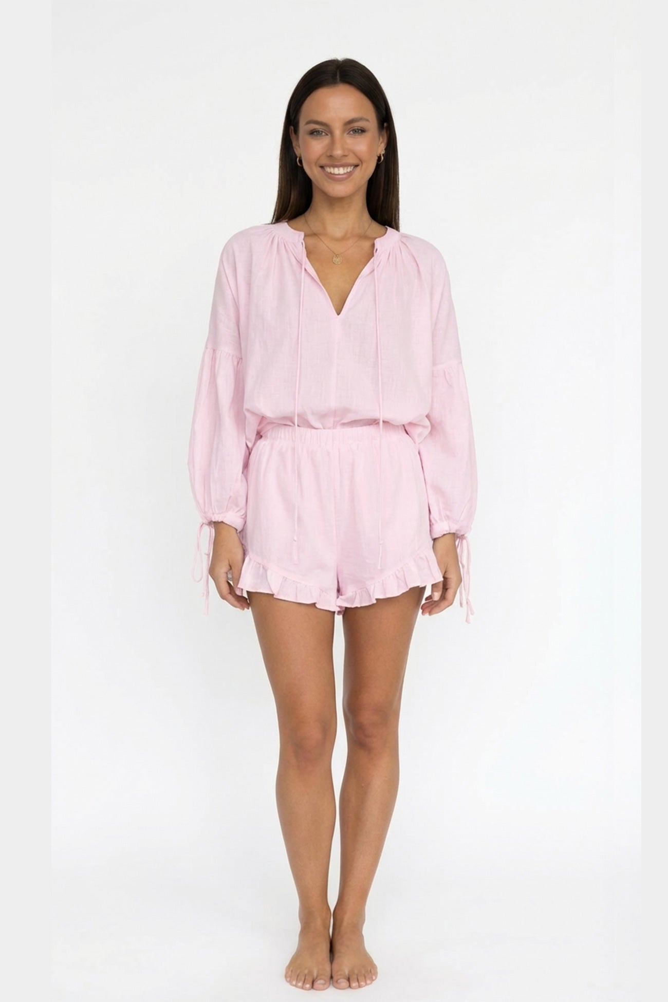 V-neck Lantern Sleeve Cotton Shirt Set