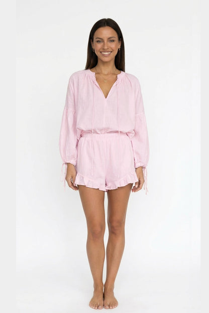 V-neck Lantern Sleeve Cotton Shirt Set