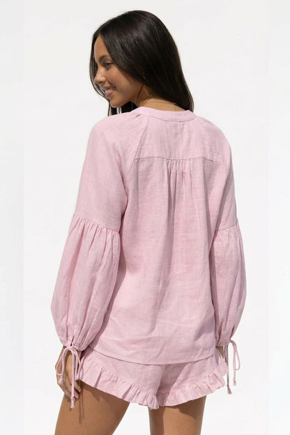 V-neck Lantern Sleeve Cotton Shirt Set
