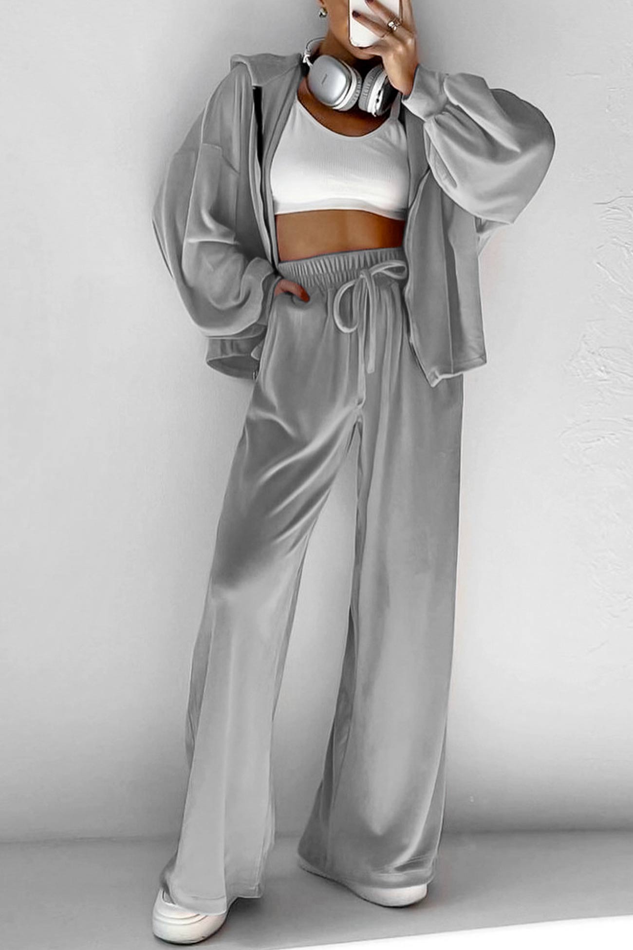 Velvet Hooded Zipper Two-Piece Sweatpants Set