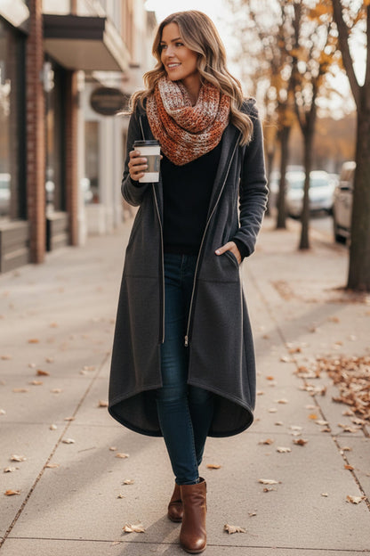 Zip-up High Low Drawstring Hem Long Hoodie